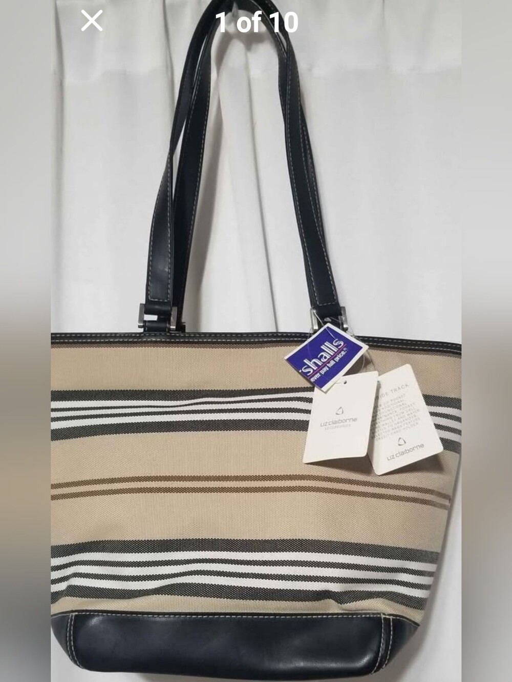 Liz Claiborne multicolor striped tote bag, zip closure, Lined Inner pockets